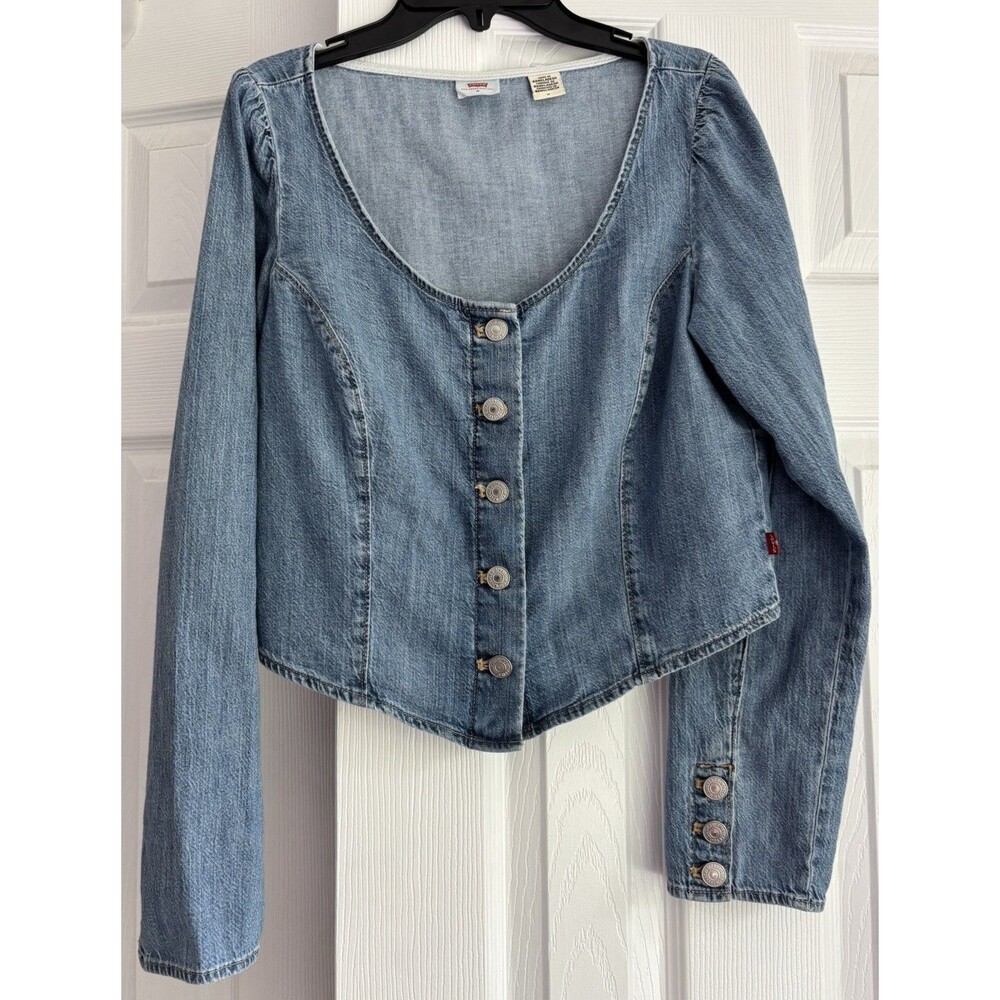 Women’s Medium Wash Denim Button Front Long Sleeve Crop Top / Shacket Y2K Sz M